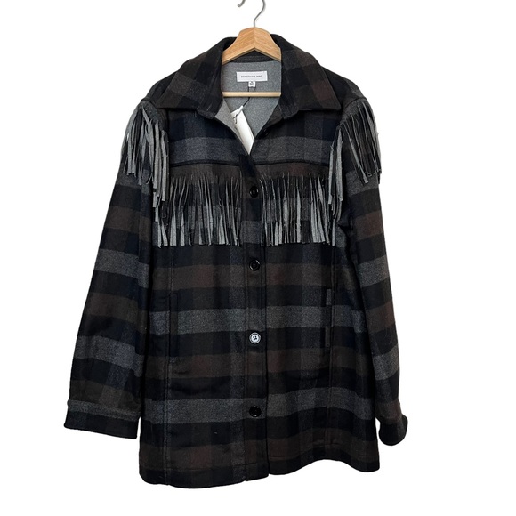 NWT Something Navy Charcoal Combo Plaid Fringe Shacket Size XL Women